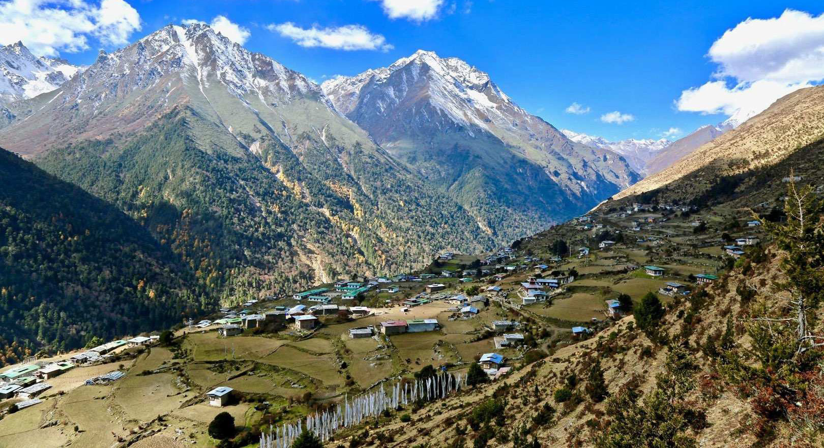 Snow-capped Himalayan peaks and a Bhutanese village lined with prayer flags