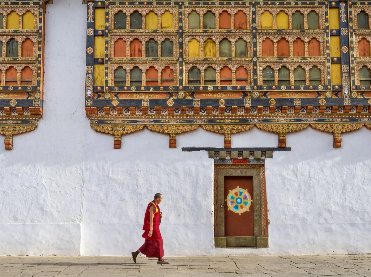 A Bhutanese monk in maroon robes passing the ornate, gold-trimmed walls of a traditional monastery
